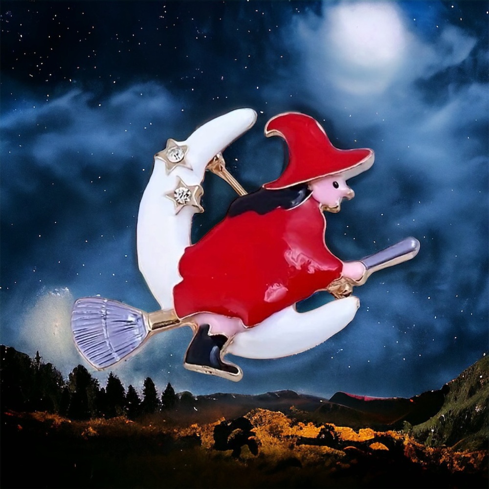 1pc‎ Dropping Enamel Red Witch White Moon Shape Brooch Pin Gold Plated